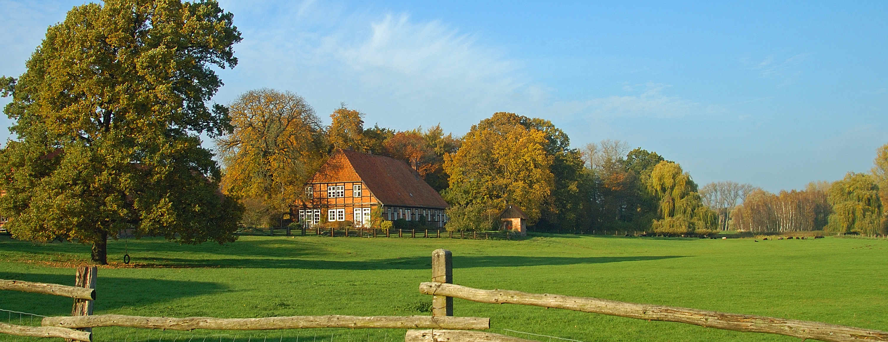 Panoramaansicht einer Weide mit einem ländlichen Haus im Hintergrund